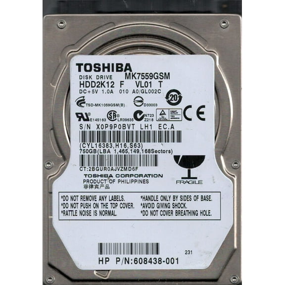 MK7559GSM HDD2K12 F VL01 T F/W: A0/GL002C Toshiba 750GB