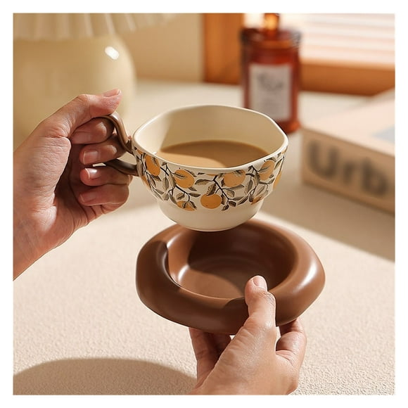 8.1oz Ceramic Coffee Mug with Saucer Set, Vintage Ceramic Latte Art Mug for Espresso, Milk, Americano