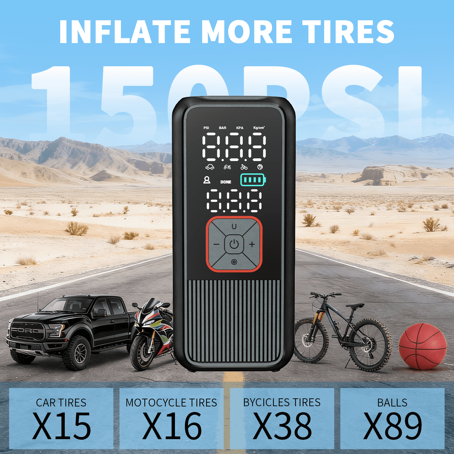 HKHKPI 150PSI Cordless Tire Inflator with Digital Pressure Gauge, LED Light, Air Compressor Portable Tire Pump for Bike, Car, Motor,Ball
