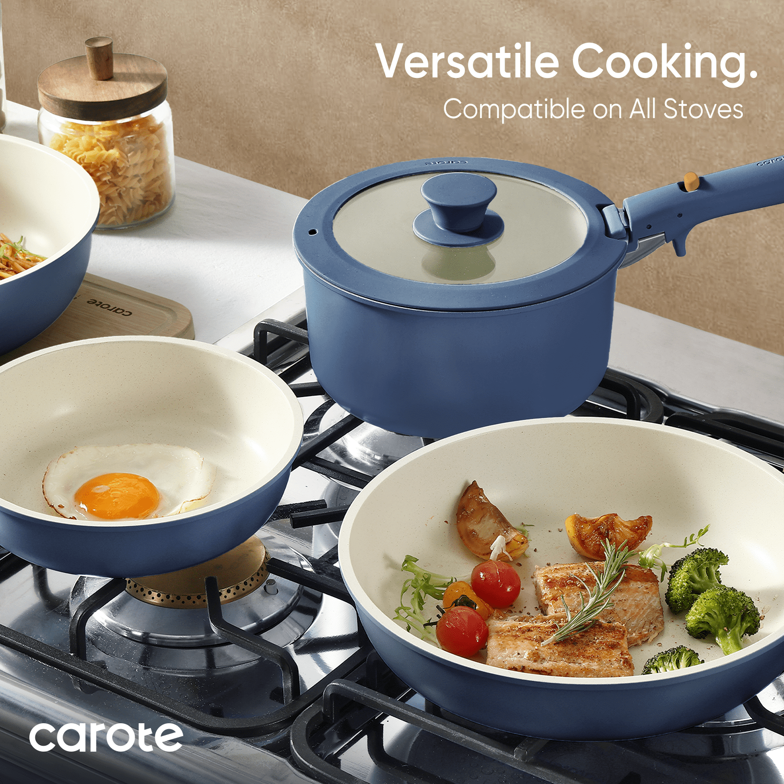 Carote 13 Pcs Nonstick Cookware Sets, Pots and Pans with Detachable Handles, Oven Safe, Stackable Kitchen Cooking Set, Induction Cookware, Navy Blue