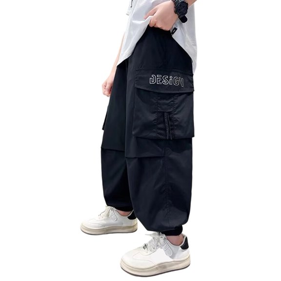 CONZONE Kids Boys Baggy Cargo Pants Wide Leg Hiking Pants for Child Elastic Waist Lightweight Breathable Athletic Jogger Pants with Pockets