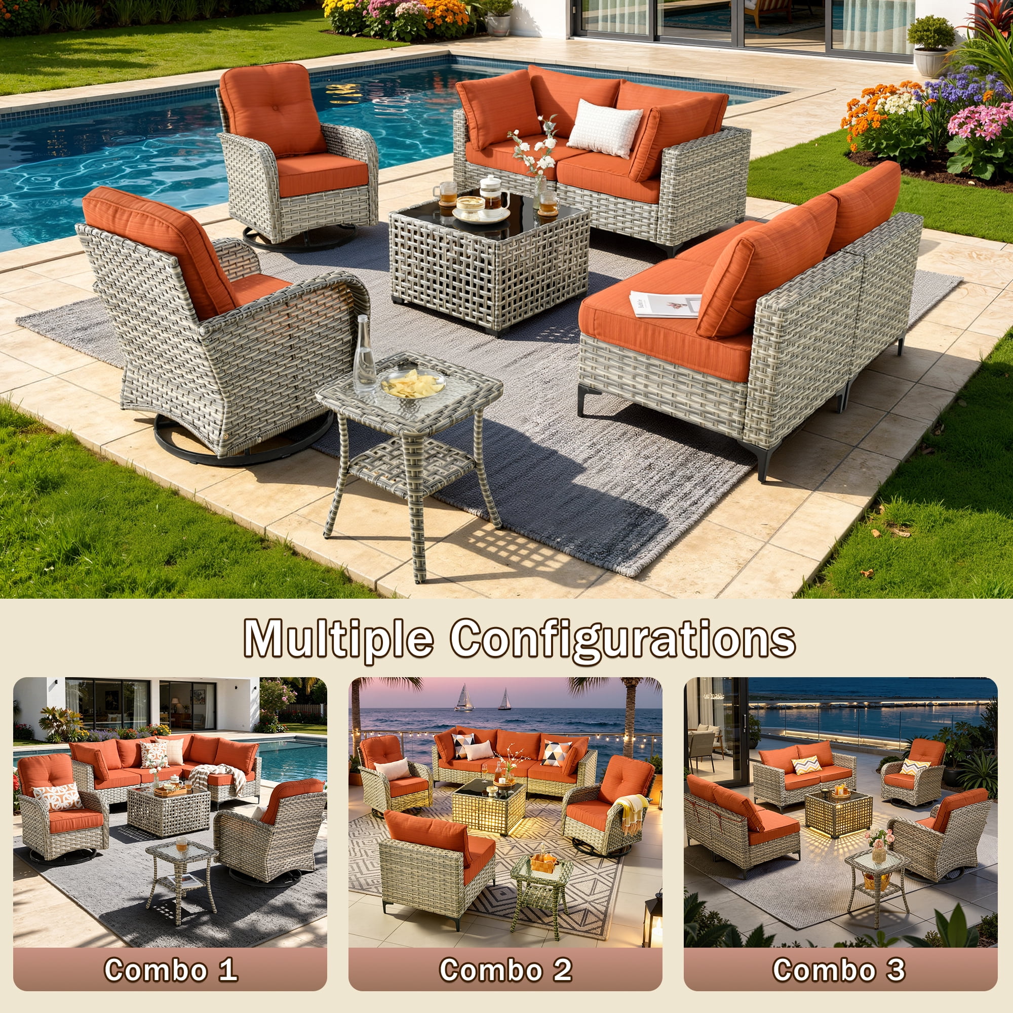 Vcatnet Outdoor Patio Furniture Sets 8 Pieces Sectional Sofa Wicker Conversation Set with Swivel Glider Chairs and Solar Powered Coffee Table for Porch, Deck, Orange Red