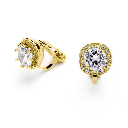 Mariell 14K Gold Plated Clip On CZ Stud Earrings - Cushion Shape 10mm Halo Round Cut Nonpierced