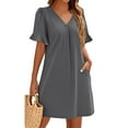 thumbnail image 4 of QIJIE Shift Dress for Women V Neck Short Sleeves Solid Color Casual Flowy Summer Dresses(S-2XL) Gray 2XL, 4 of 5