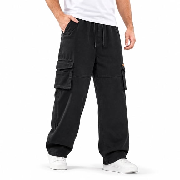 GINGTTO Men's Baggy Cargo Jeans Washed Denim Pants With Drawstring Elastic Waist And Multi Pockets For Casual Streetwear