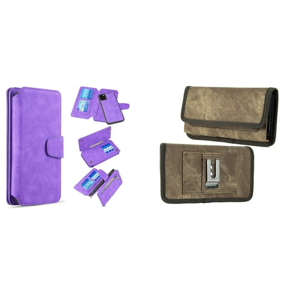 Clutch Wallet Detachable Case and Belt Holster Pouch for iPhone 14 Plus (Purple/Brown)