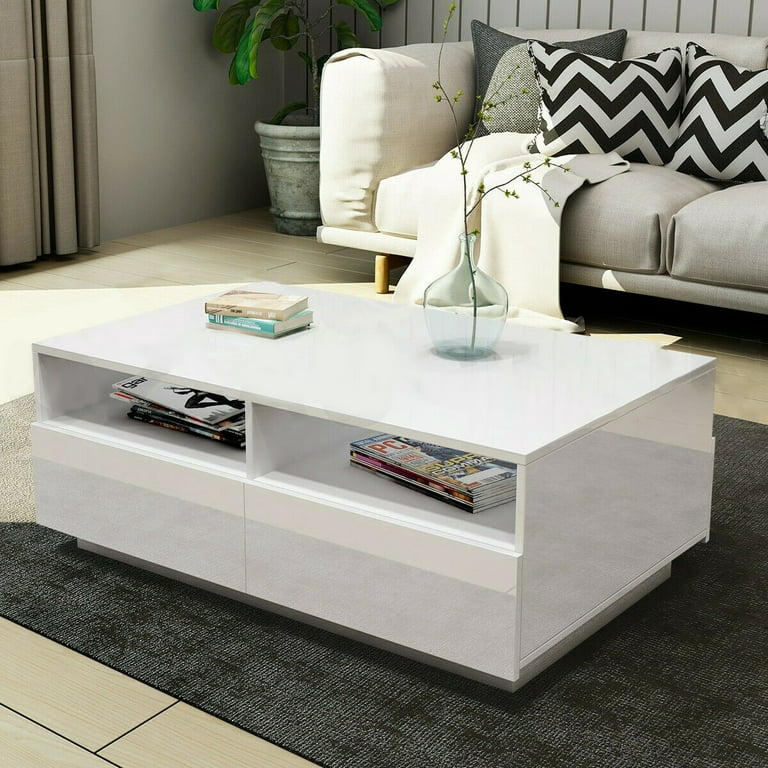 Hommpa LED Coffee Table Center Table High Gloss Modern Coffee Table Sofa  Side Tea Cocktail Tables with Drawer Open Shelf for Living Room White
