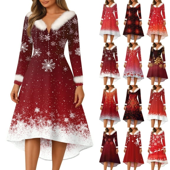 Women's Vintage Christmas Printed Midi Dress - Casual Cocktail Party Festive Wear, Black, L