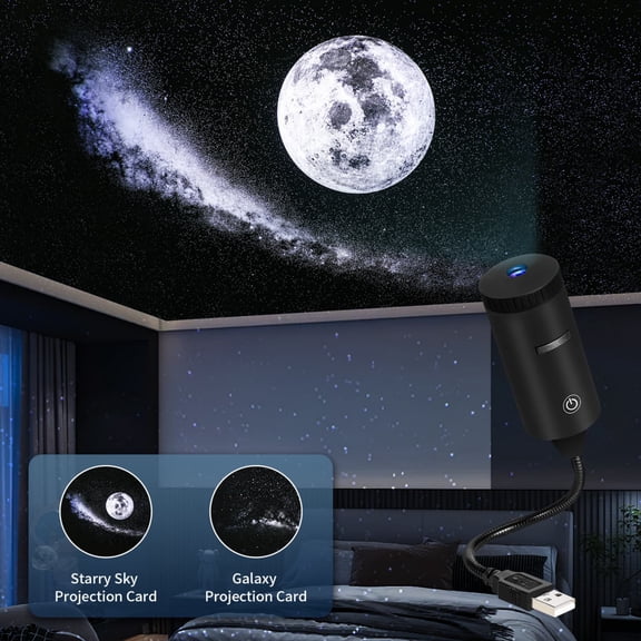 2-in-1 Galaxy Projector Night Light, USB Portable Projector, Mini LED Projection Lamp with Adjustable Brightness for Bedroom Ceiling Wall Room Decor(Black)