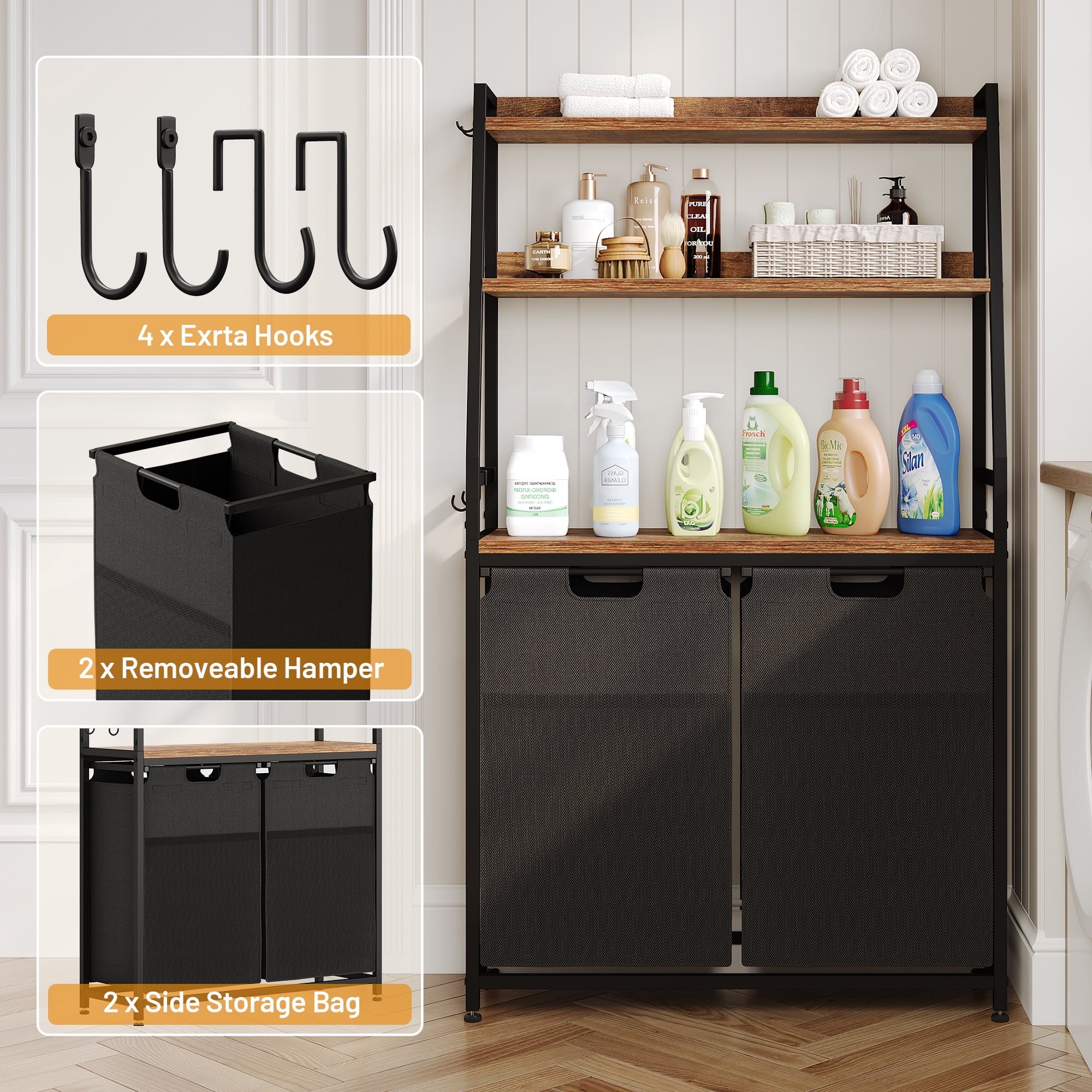 Laintene 2-Section Laundry Hamper – 170L Freestanding Laundry Sorter with 3 Shelves, 4 Hooks & Removable Washable Bags – Space-Saving Laundry Organizer for Bathroom, Dorm, or Bedroom
