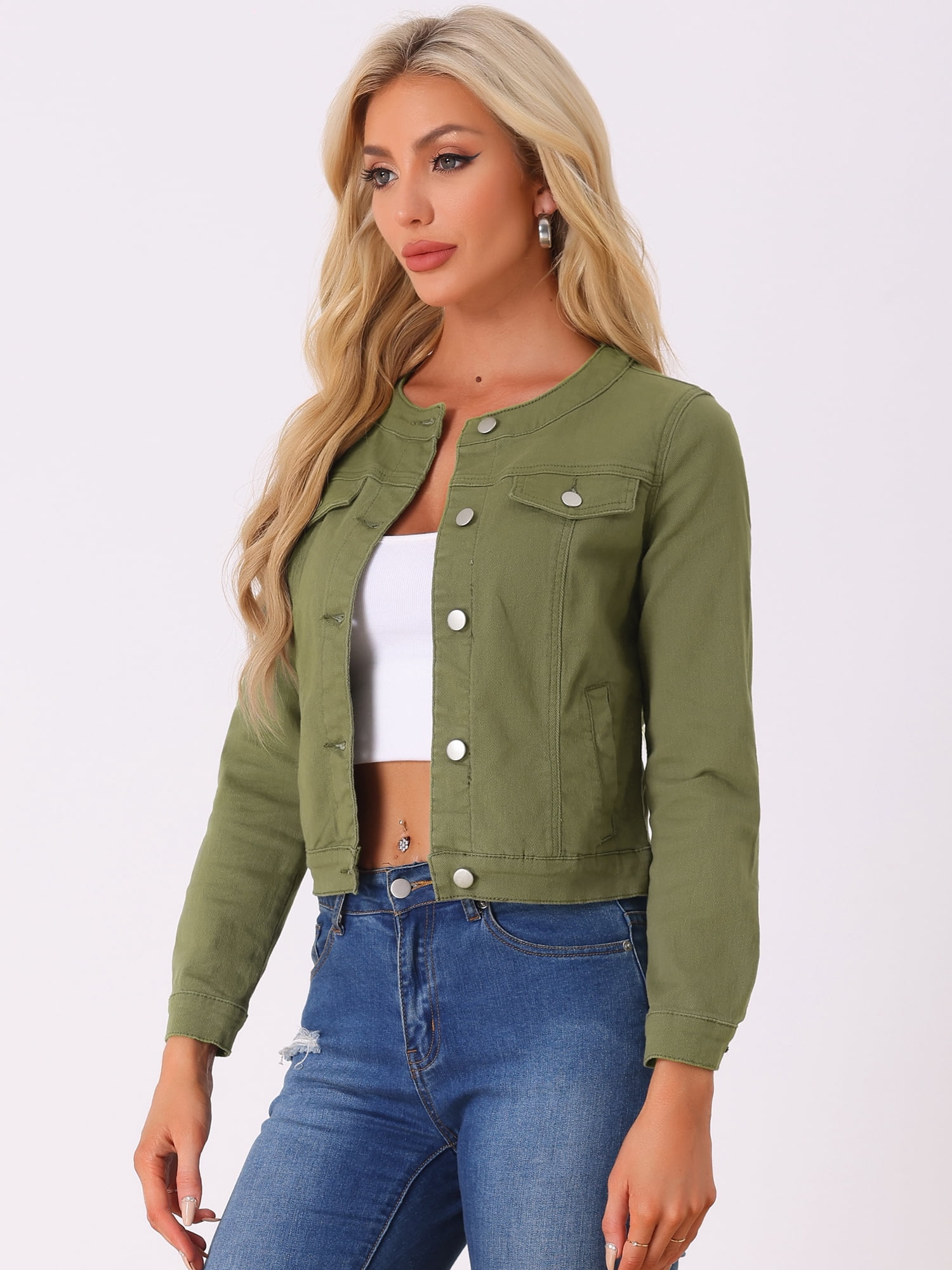 DARING DIVA Women's Button Down Collarless Cropped Denim Jacket L Army Green
