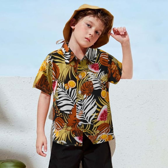SOFTCCLO Boys Shirts Short Sleeve Lapel Collar Button Down Tops Tropical Hawaiian Floral Beach Vacation Casual Kids Shirts Size 3-4Y