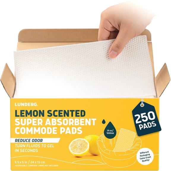 Lunderg Lemon Scented Super Absorbent Commode Pads - Medical Grade Value Pack 250 Count - for Bedside Commode Liners Disposable, Adult Commode Chair, Portable Toilet Bags - Make Your Life Easier