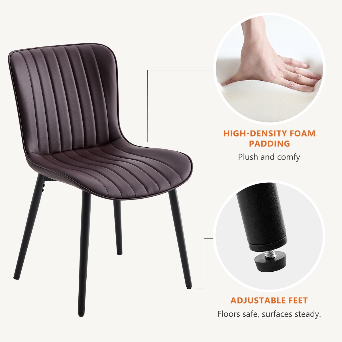 L'AGRATY Modern Dining Chairs Set of 2, PU Leather Upholstered Side Chairs with High Backrest, Kitchen Chair,Heavy Duty, Cushions & Durable Metal Legs for Kitchen, Dining Room,Restaurant,Brown