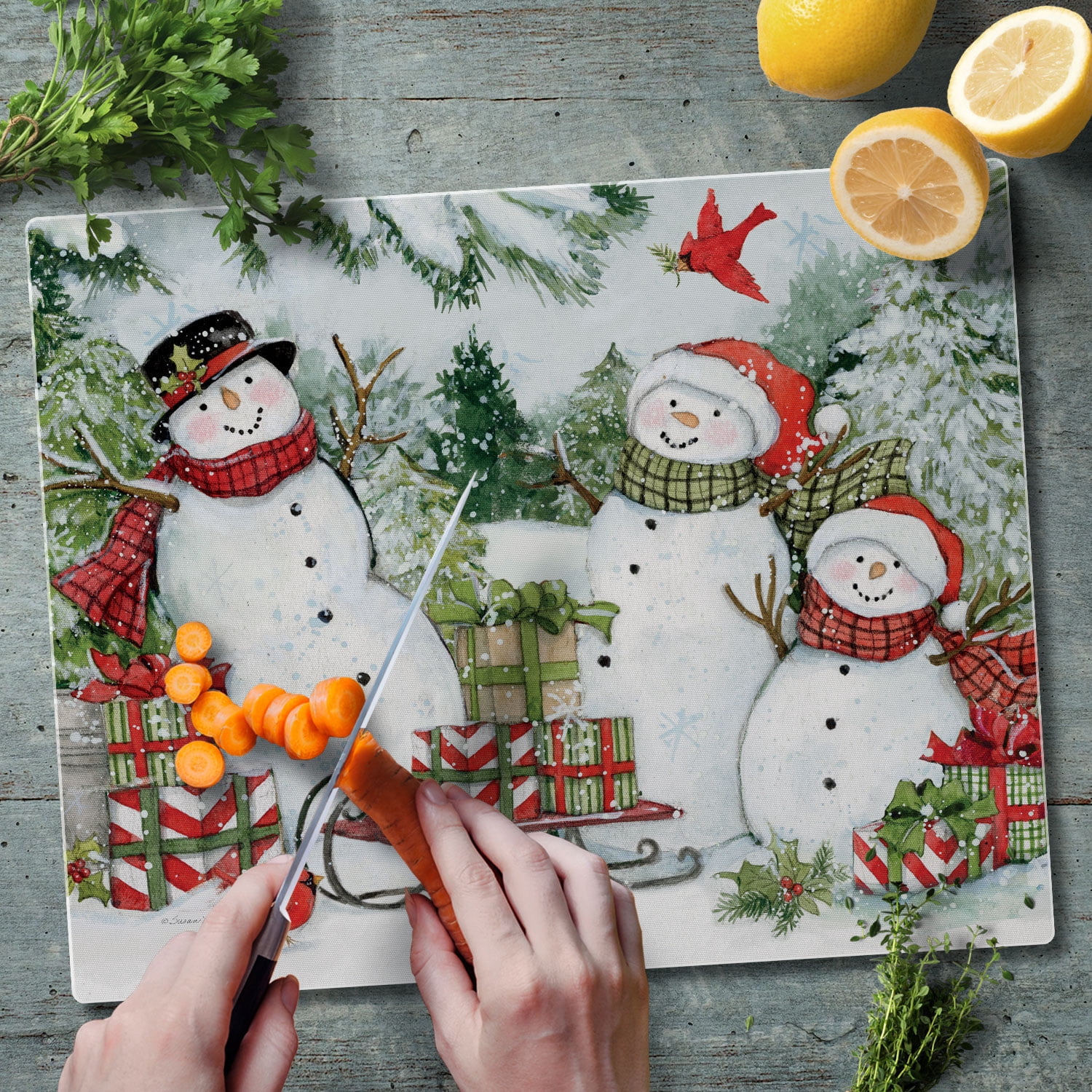 CounterArt Snowman's Farmhouse 3mm Tempered Glass Cutting Board 15" by 12"