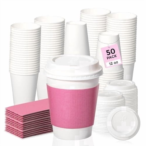 Fit Meal Prep 250 Pack 24 oz Disposable Coffee Cups with Lids and Pink Sleeves, Lead-Proof Sturdy To Go Coffee Cups with Lids, Pink Hot Paper Cups for Party, Wedding, Birthday (Black Lids)