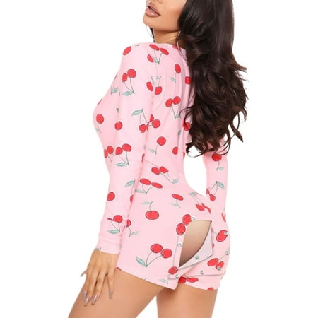 

Women Butt Flap Jumpsuit Onesie Pajamas Long Sleeve V Neck Button Bodycon Romper Bodysuit Sleepwear