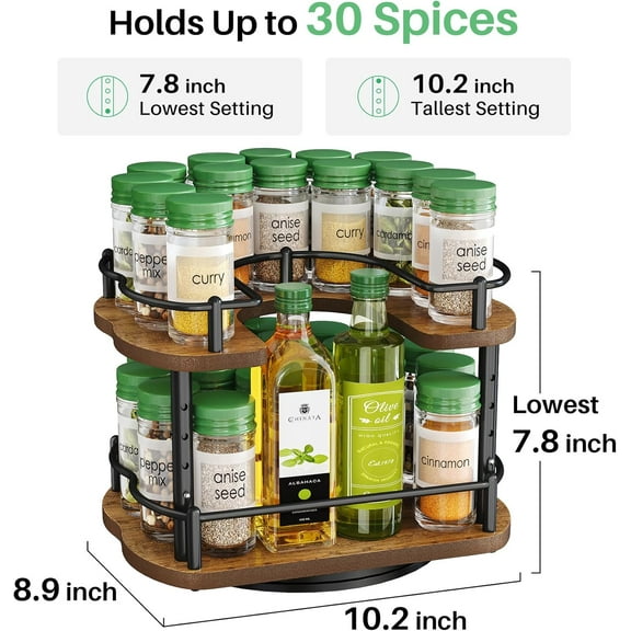 Height Adjustable D-Shape Lazy Susan Spice Rack for Cabinet - Wood 10 Inches Black Rotating Organizer