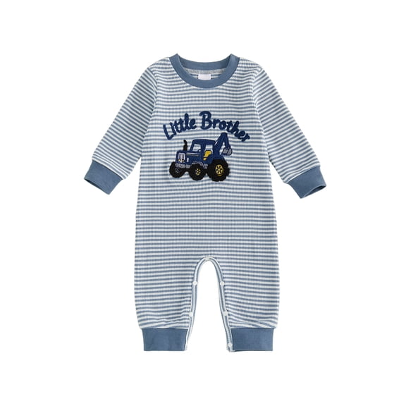 RUINIXCW Newborn Baby Boy Little Brother Outfit Infant Baby Boys Fall Winter Waffled Romper Clothes Stripe Letter Excavator Embroidery Long Sleeve Jumpsuit