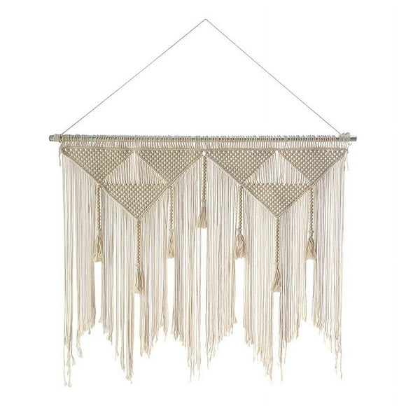 Macrame Wall Hanging Boho Woven Tapestry, Beige White Tassel Decor Curtain for Home Backdmk2634