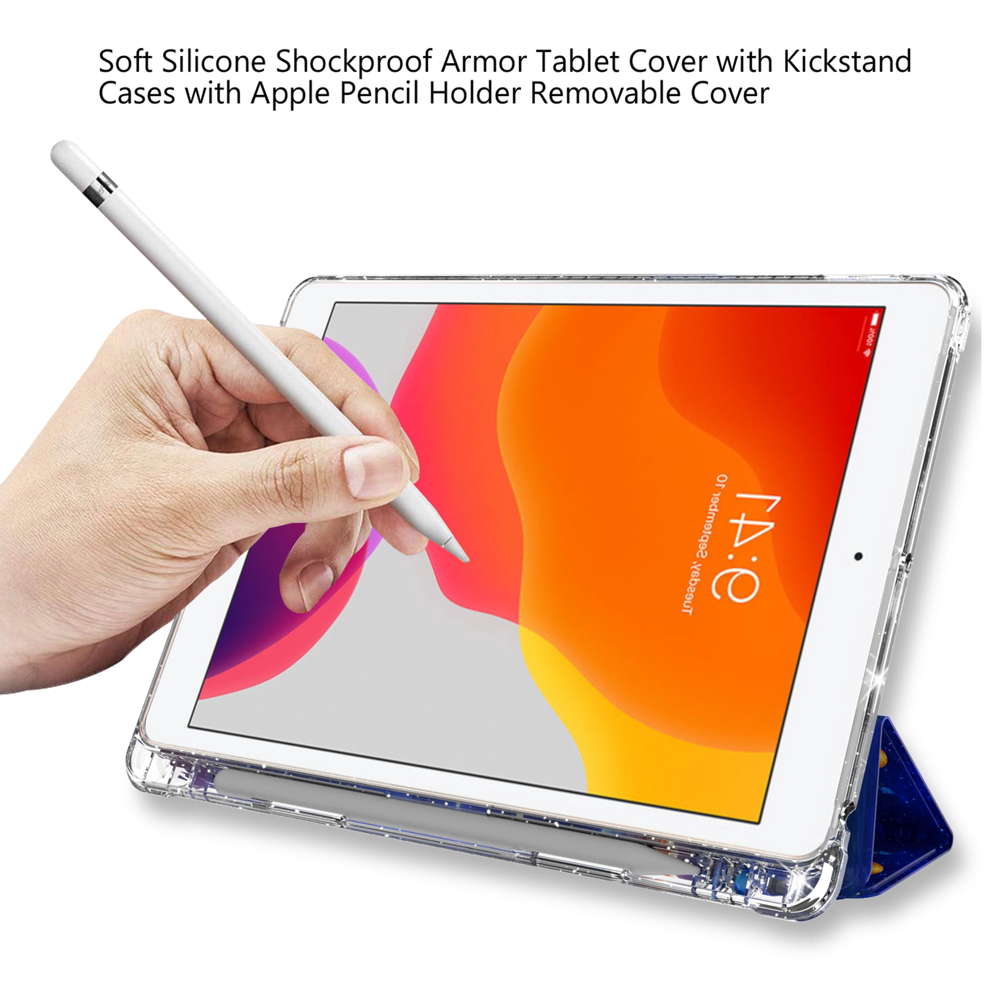Dteck Compatible with iPad 8th Generation / iPad 7th Generation Case, iPad 10.2 Inch Cases with Pencil Holder, Flip Smart Case Trifold Stand Glitter Clear Back Cover,01 Universe