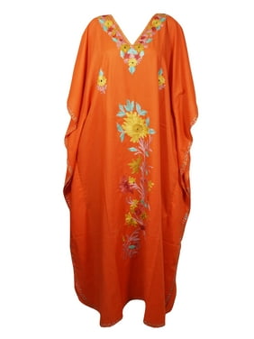 Mogul Women ORANGE Kaftan Maxi Dress Loose Floral Embroidery Kimono Sleeves Resort Wear Cover Up Housedress 4XL