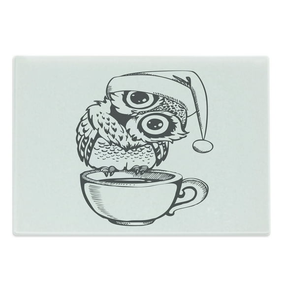 Owl Print Cutting Board, Baby Bird with Santa Hat Sits on a Coffee Cup Morning Vibes, Decorative Tempered Glass Cutting and Serving Board, in 3 Sizes, by Ambesonne