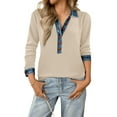 thumbnail image 3 of Lumtrix Sweaters for Women Trendy Denim Collar V Neck Long Sleeve Shirts Casual Lightweight Vintage Knit Tops Button Up Pullover Khaki 3XL, 3 of 4