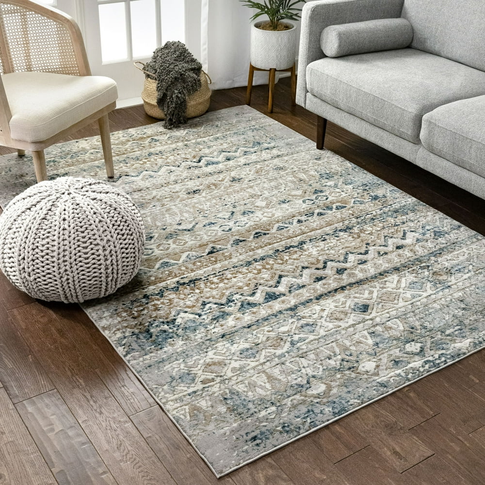 Well Woven Urbano Santi Blue/Beige Vintage Bohemian Geometric 7'10" x 9