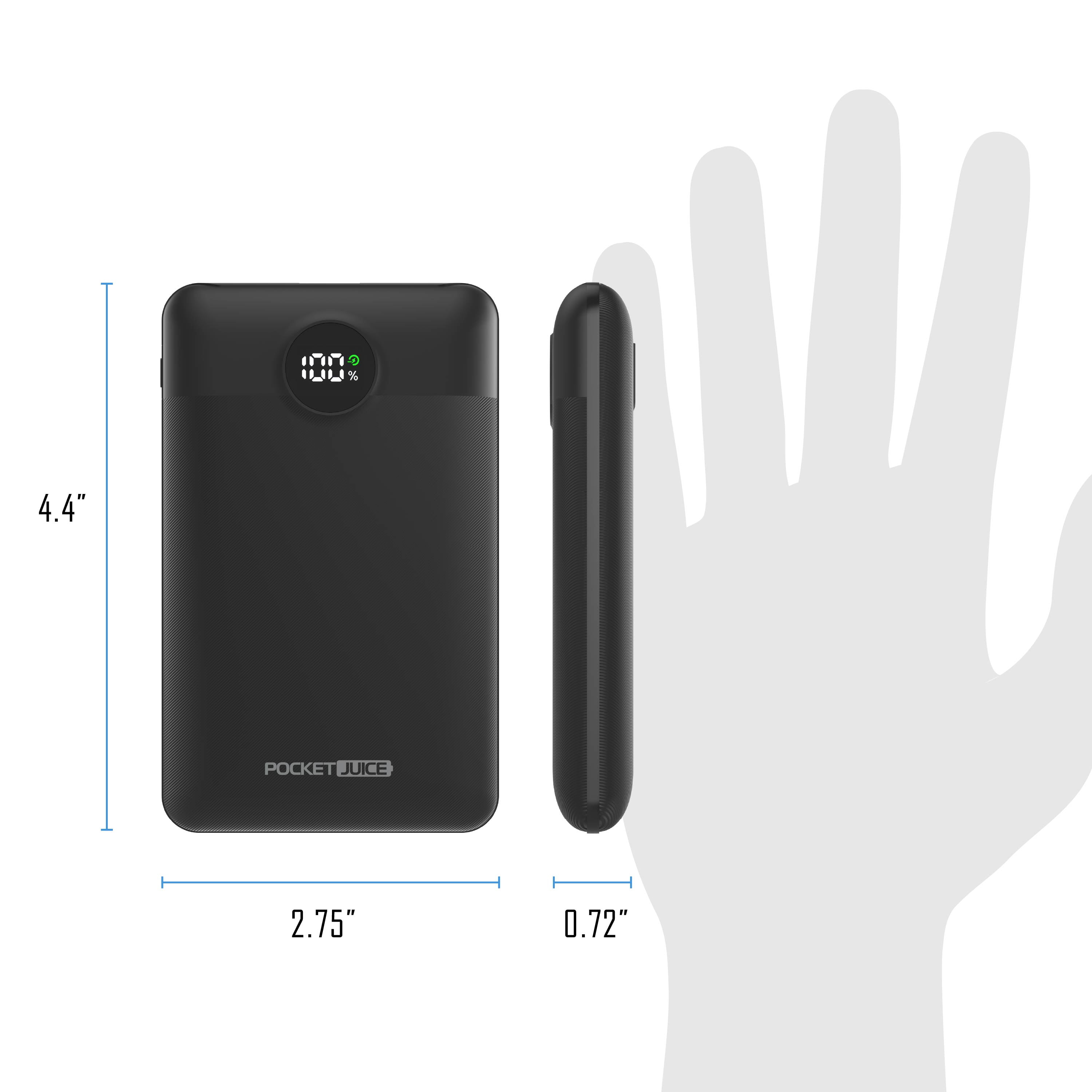 Pocket Juice Force 10,000mAh Portable Charger Power Bank – Slim Portable Phone Charger with Built-in USB-C & Lightning Cables