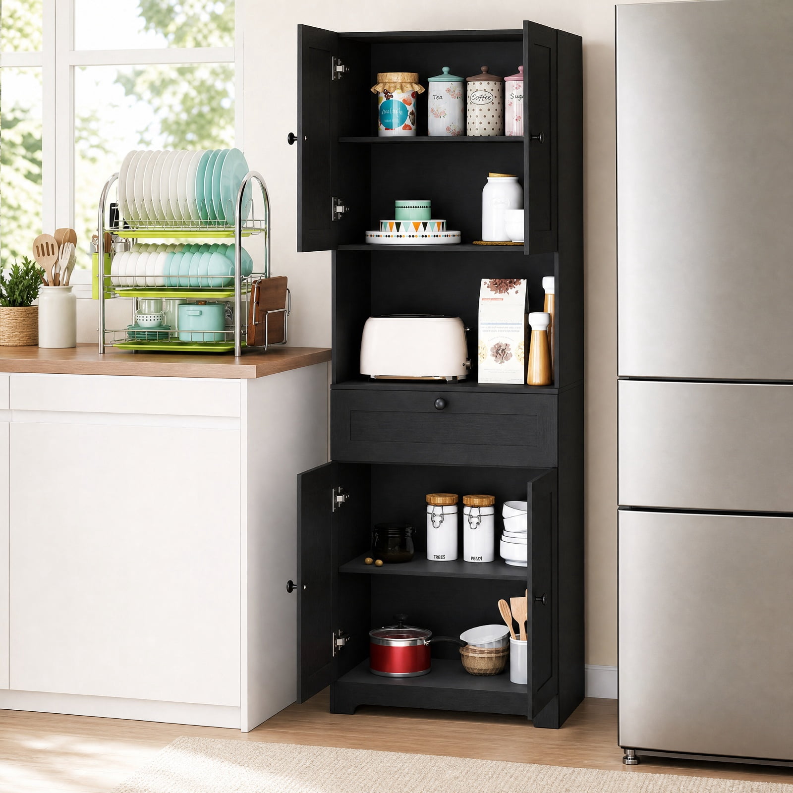 Furnibear 67.5 Inch Tall Modern Freestanding Floor Storage Cabinet with 4 Doors and 1 Drawer for Living Room Bedroom Entryway Hallway Storage, Black