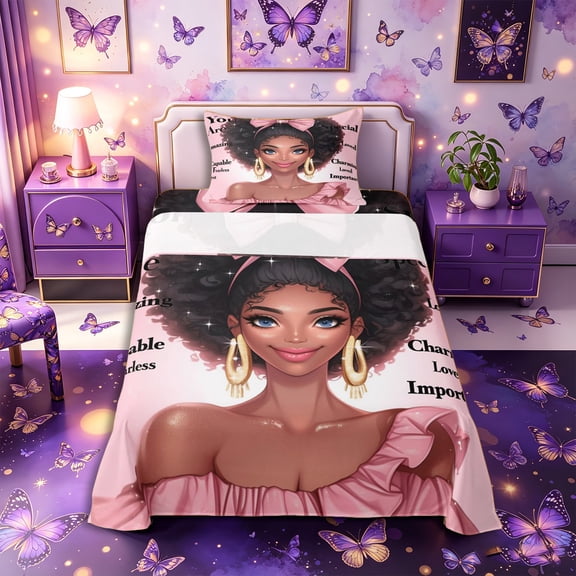 Castle Fairy Girly Black Woman Twin Sheets 3pcs,Pink Ribbon Bow Bedding,1 Fitted Sheet, 1 Flat Sheet and 1 Pillowcase