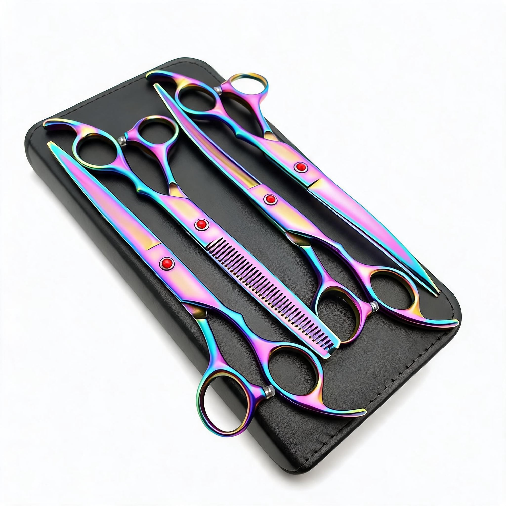 7.0 Inch Titanium Rainbow Professional Pet Grooming Scissors Set Straight Thinning Curved 4 Piece