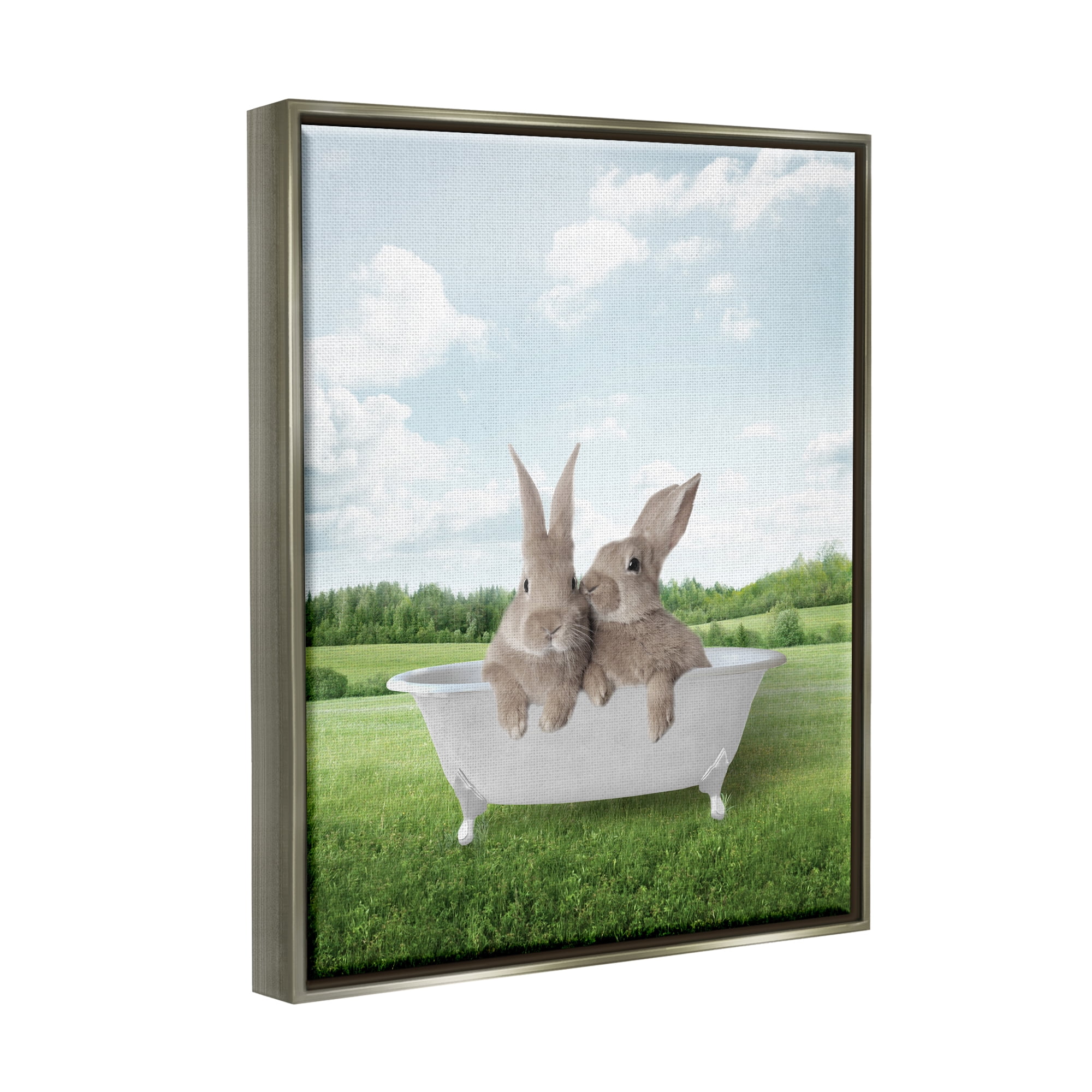 Stupell Industries Bunnies in Tub Landscape Nature Painting Gray Floater Framed Art Print Wall Art, 17 x 21