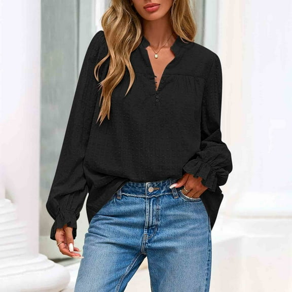 ClodeEU Womens V Neck Long Sleeve Tops ,2025 Fall Casual Loose Puff Sleeve Blouse, Boho Work Blouse T Shirts Black,Womens Plus XXL