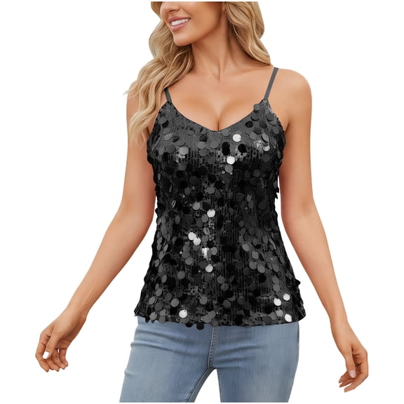 Maplenight Sequin Tops for Women Sparkly Shiny Cami Tank Top Glitter Party Strappy Camisole Concert Outfits