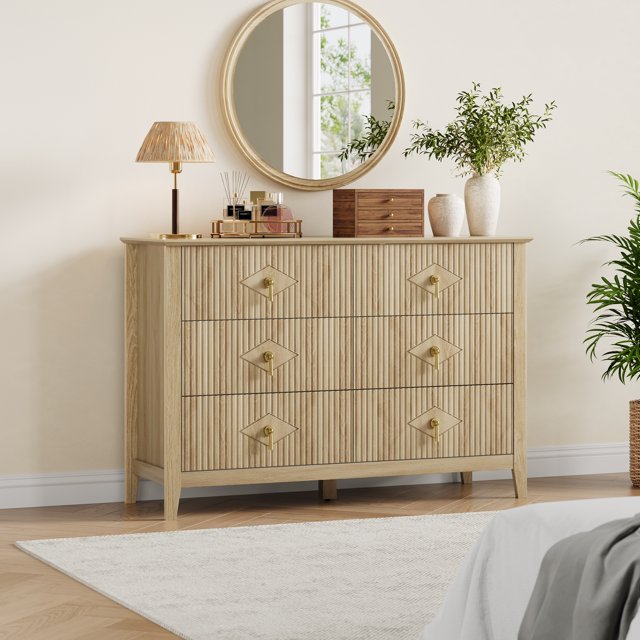 QinaQin Recessed Patterned Dressing Table for Bedroom, 47.2 Inches Wide, 6 Drawers, Made Of Wood, Modern Style, Suitable for Storage In Living Room, Hallway, Or Entryway