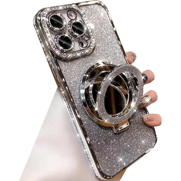 Magnetic Kickstand Glitter Case for iPhone 13 Pro Max,[Compatible with Magsafe] Bling Sparkly Rhinestones with Camera Protector & Makeup Mirror Women Girls Case for iPhone 13 Pro Max (Silver)
