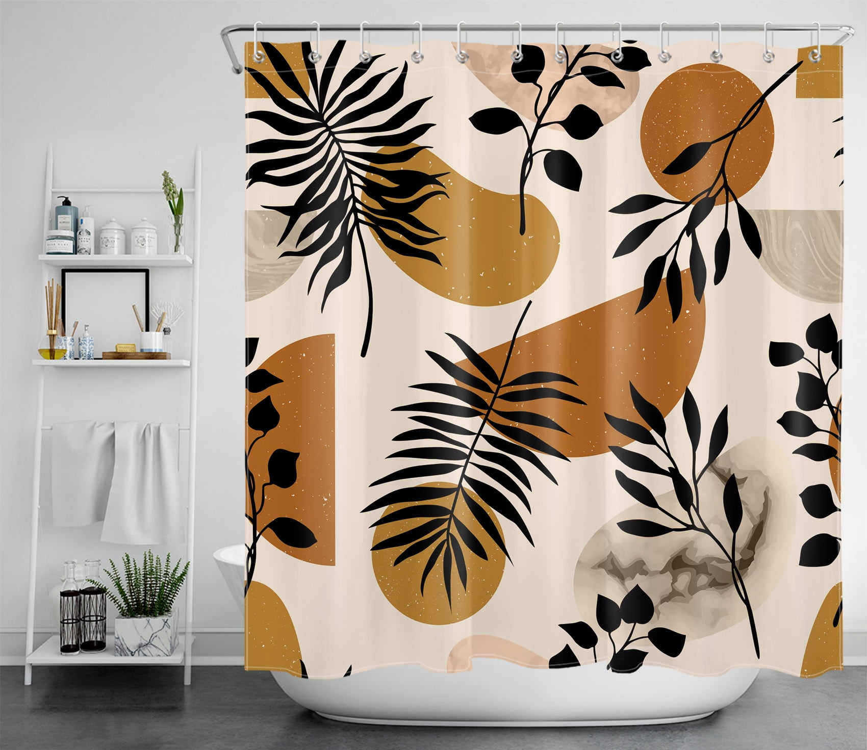 HVEST Boho Botanical Bathroom Shower Curtain,Abstract Brown Leaves Shower Curtain for Bathroom Decor,Waterproof and Easy Care Fabric Bath Curtain Accessories Set with Hooks,72X78 Inches