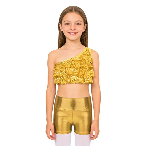TSSOE Kids Girls 2-Piece Dance Outfits Hip Hop Jazz Cheer Dance Suits Shiny One Shoulder Crop Top and Booty Short Set Gold 4