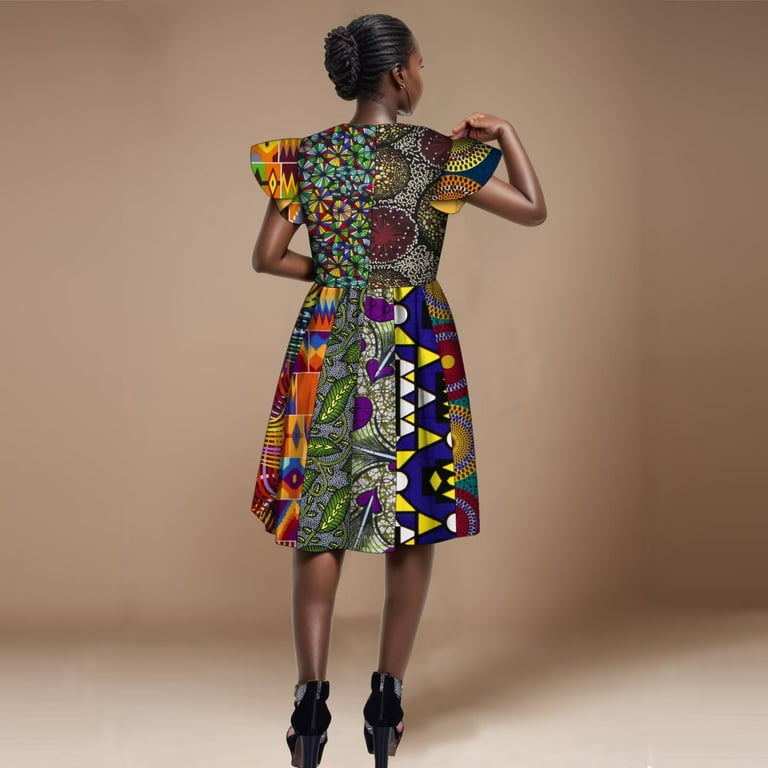 Bintarealwax African V Neck Patchwork Dresses for Women Ankara