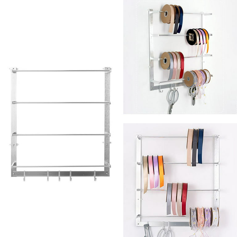 Ribbon Organizer Wire Spool Mount DIY Spool Rack for Ribbon Thread, Cotton Twine, Scissors, Utility , Floral Tool Storage, Size: 53x60cm, Silver