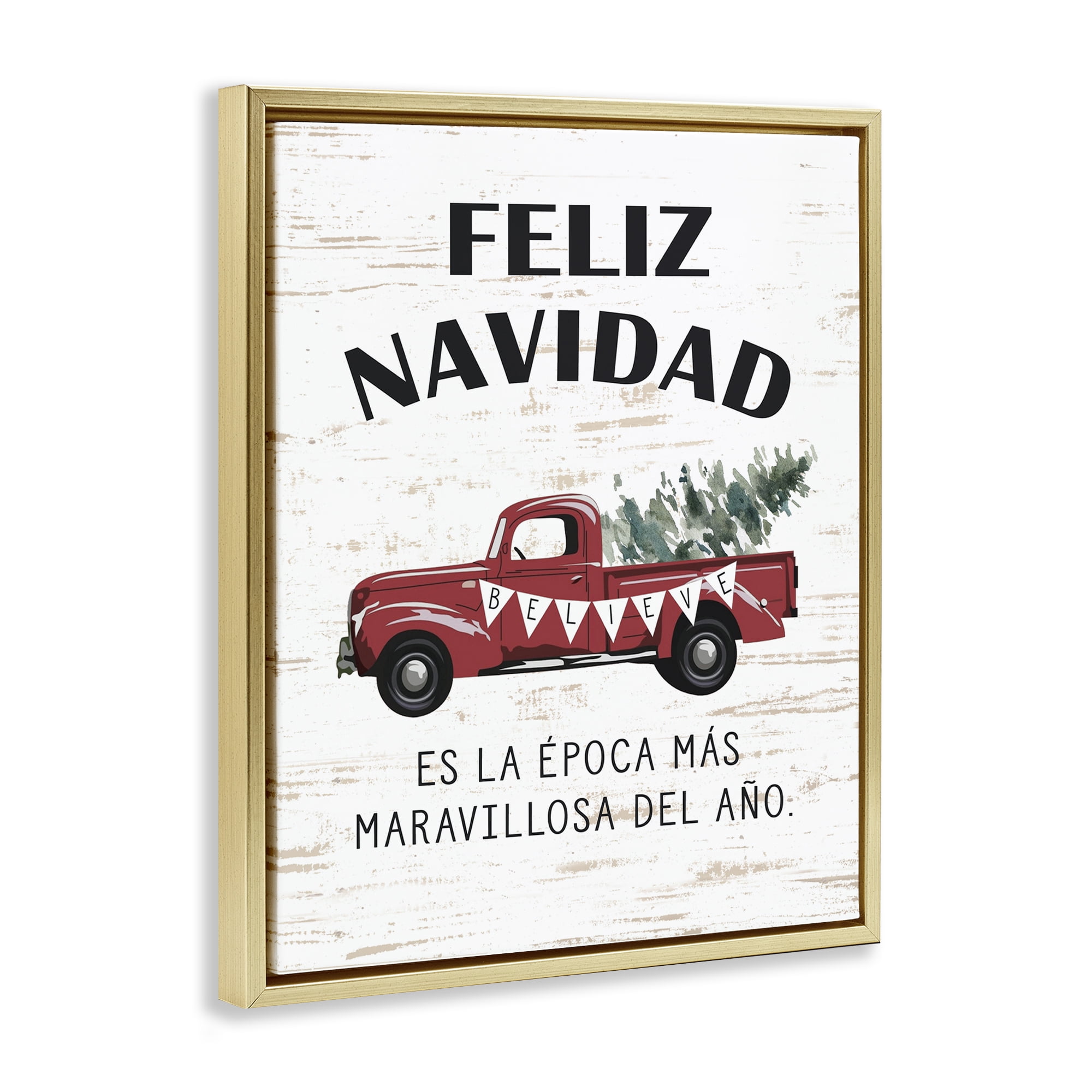 Stupell Industries Feliz Navidad Camioneta Roja Holiday Painting Gold Floater Framed Art Print Wall Art, 25 x 31