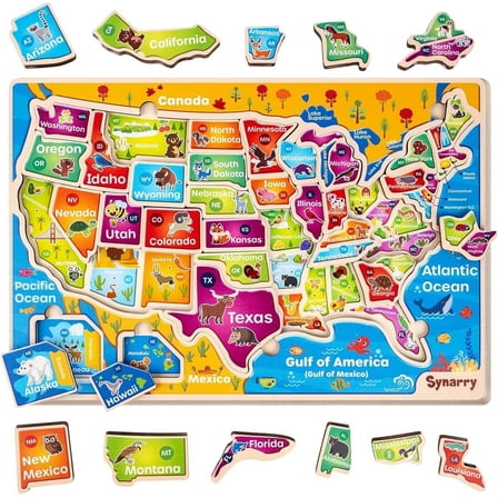 SYNARRY Large USA Map Wooden Puzzles for Kids Ages 3-8, FSC Certified Educational Jigsaw Puzzles, Educational  Puzzles Games Toys Gifts for Boys Girls