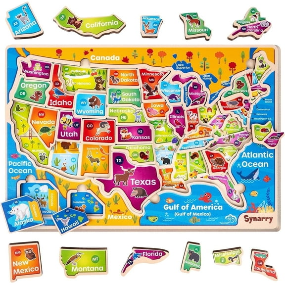 SYNARRY Large USA Map Wooden Puzzles for Kids Ages 3-8, FSC Certified Educational Jigsaw Puzzles, Educational  Puzzles Games Toys Gifts for Boys Girls