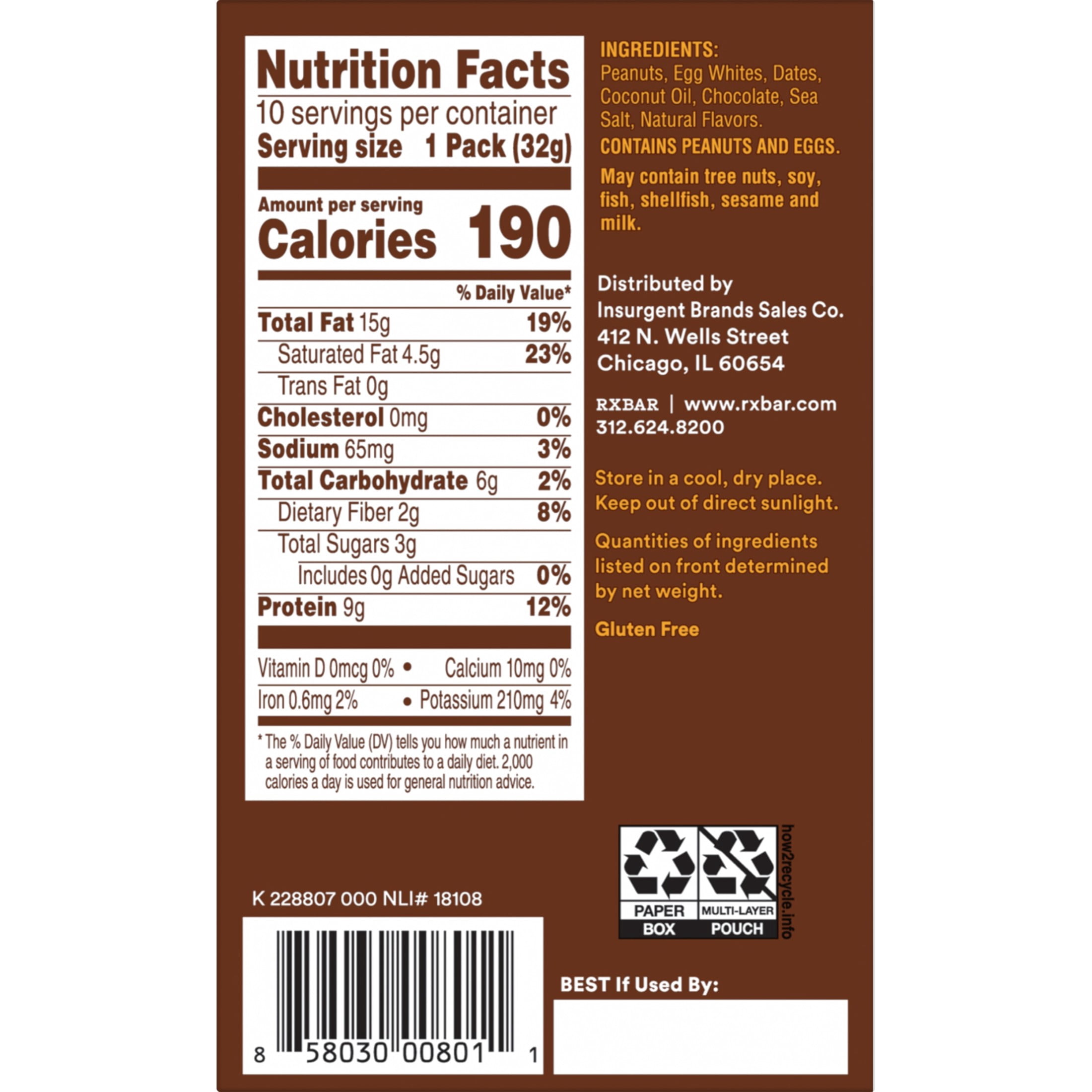 RX Nut Butter Gluten-Free Chocolate Peanut Butter, Protein Snack, 10 Count