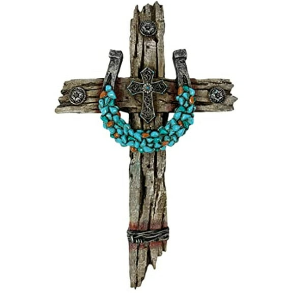 Urbalabs Western 12 Inch Wall Cross Horseshoe Cross Teal Stone Distressed Rustic Cowboy Religious Wall Hanging Cross Country Wall Decor Room Decoration Office Church Home