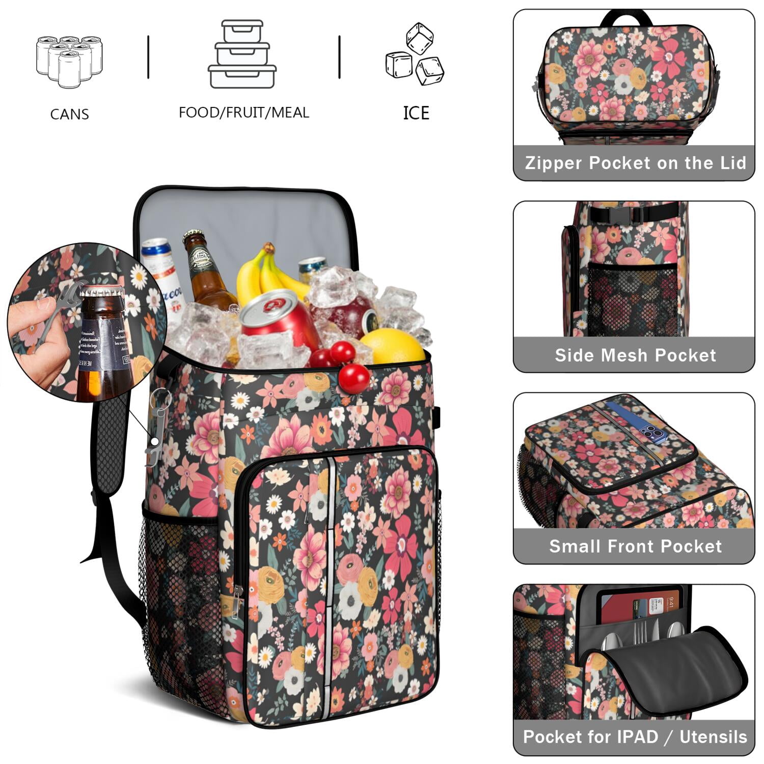 Travel Cooler Bag - Boho Bohemia Flower Camping Beer Cooler Backpack with Bottle Opener- Waterproof Insulated Picnic Backpacks - Cooler Bag for Beach