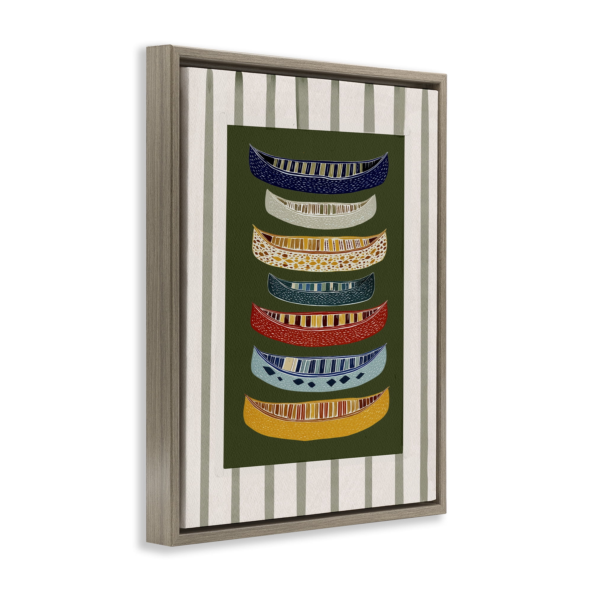 Stupell Industries Patterned Canoes over Stripes Brown Framed Floater Canvas Wall Art, design by Yen