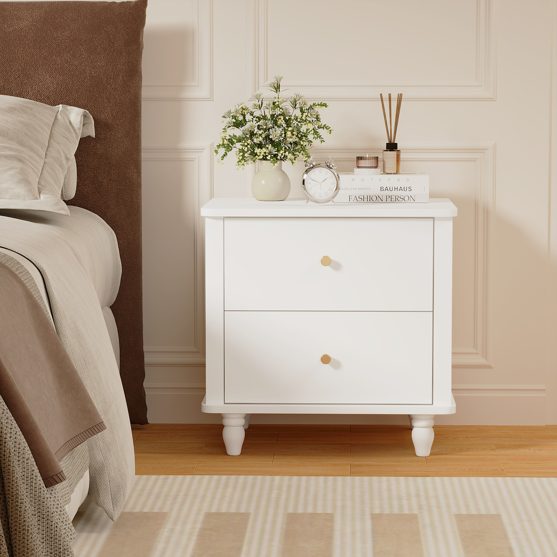 Noble House Reina Modern 2-Drawer Nightstand with Round Knobs, Small Bedside Cabinet End Table for Bedroom, White